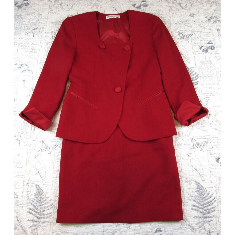 Vtg Christian Dior Women's Red Skirt Suit Skirt and Collarless Blazer Suit Sz 4 - Picture 2 of 10